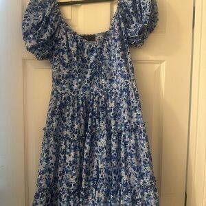 Blue Floral Puff Sleeve Mini Dress